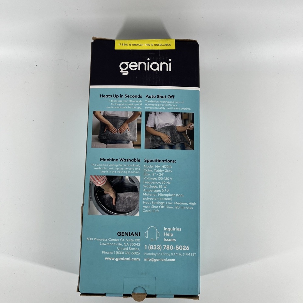 GENIANI XL Heating Pad Back Pain Cramps Auto Shut Off Washable Tabby Gray - Picture 4 of 6